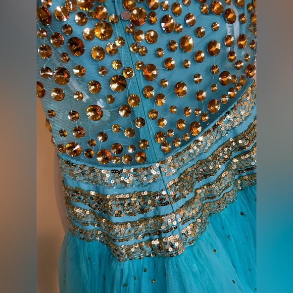 Sherri Hill high low jeweled dress blue gold - Picture 5 of 14